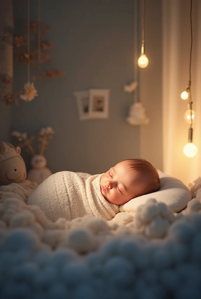 Newborn baby sleeping peacefully in a soft crib with warm light
