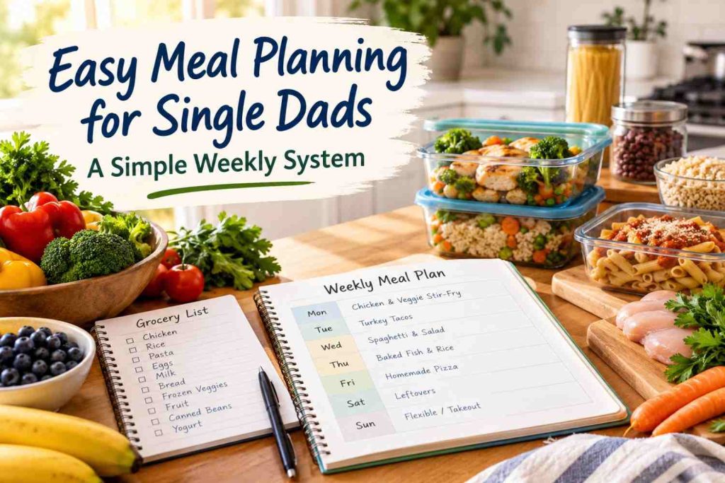 Weekly meal planner and grocery list beside fresh ingredients and prepared family meals in a bright kitchen.