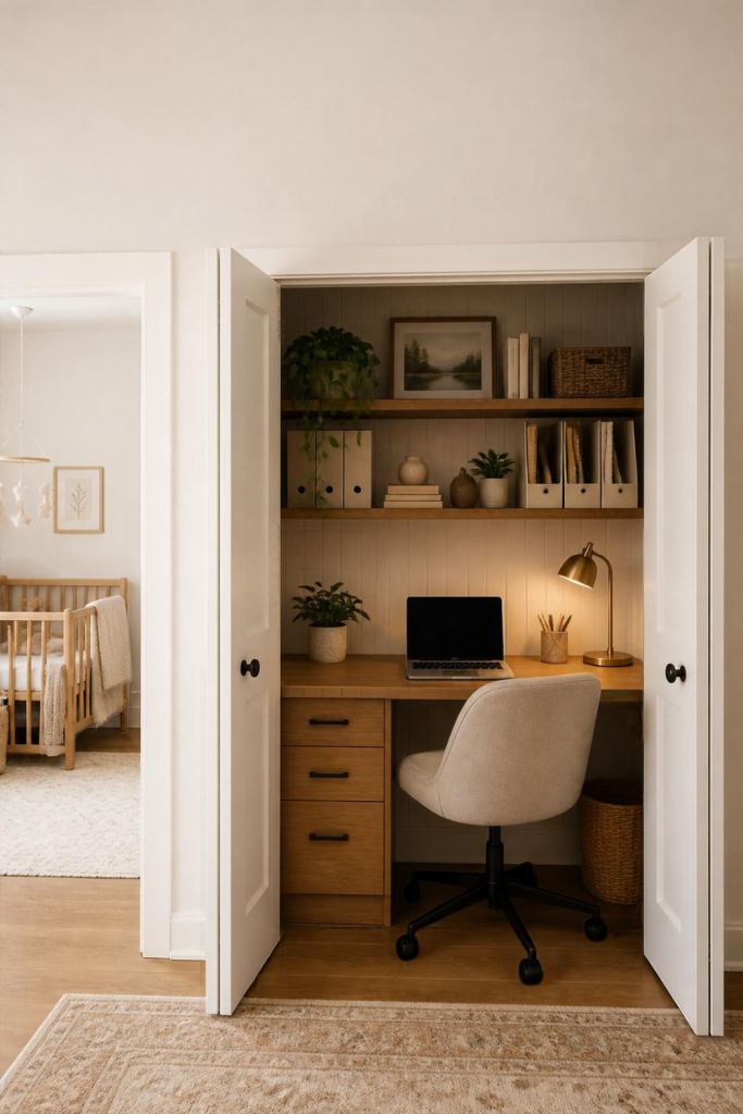 A closet converted into a mini home office with a wooden desk, laptop, shelves, and storage.