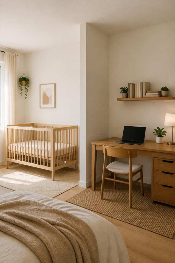 A small nursery and home office with a wooden crib and compact desk in separate zones.
