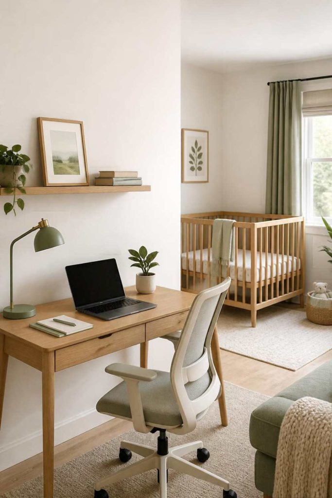 A compact wooden desk and laptop arranged in a quiet corner of a small nursery and home office.