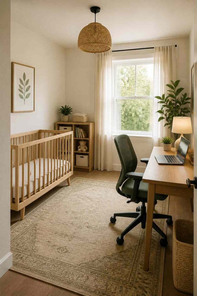 A square bedroom arranged with a crib and baby essentials in one corner and a compact desk in the opposite corner.