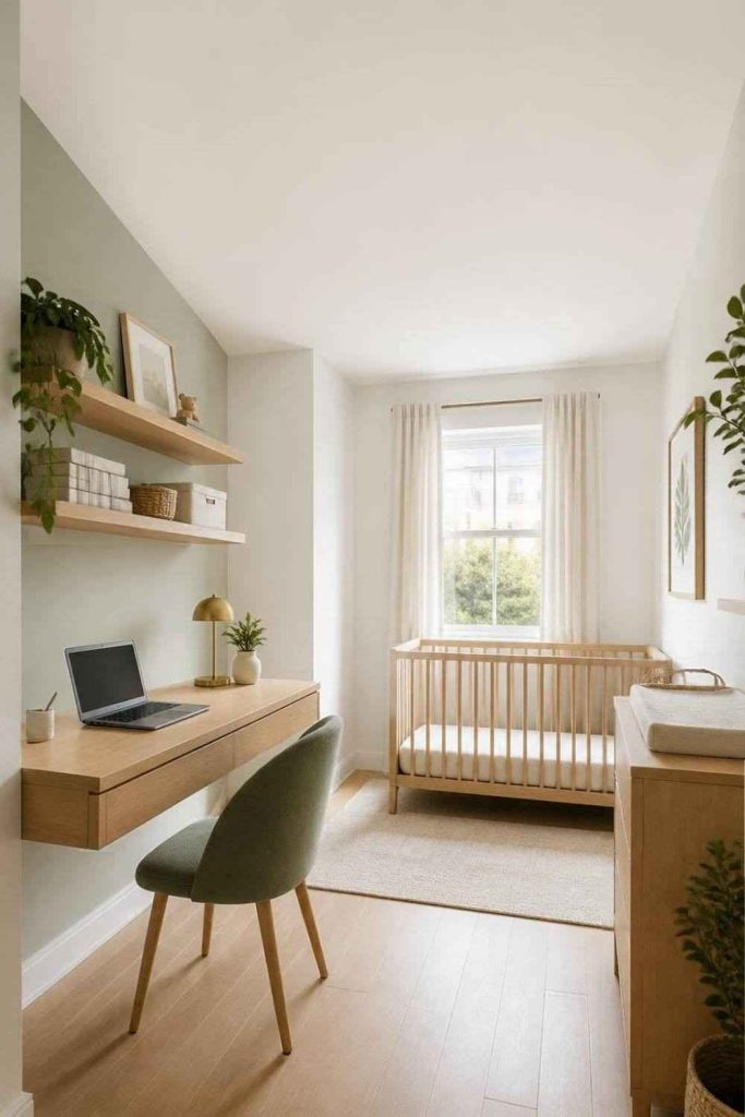 A shared nursery and home office with a wooden desk, office chair, and crib in a separate corner.